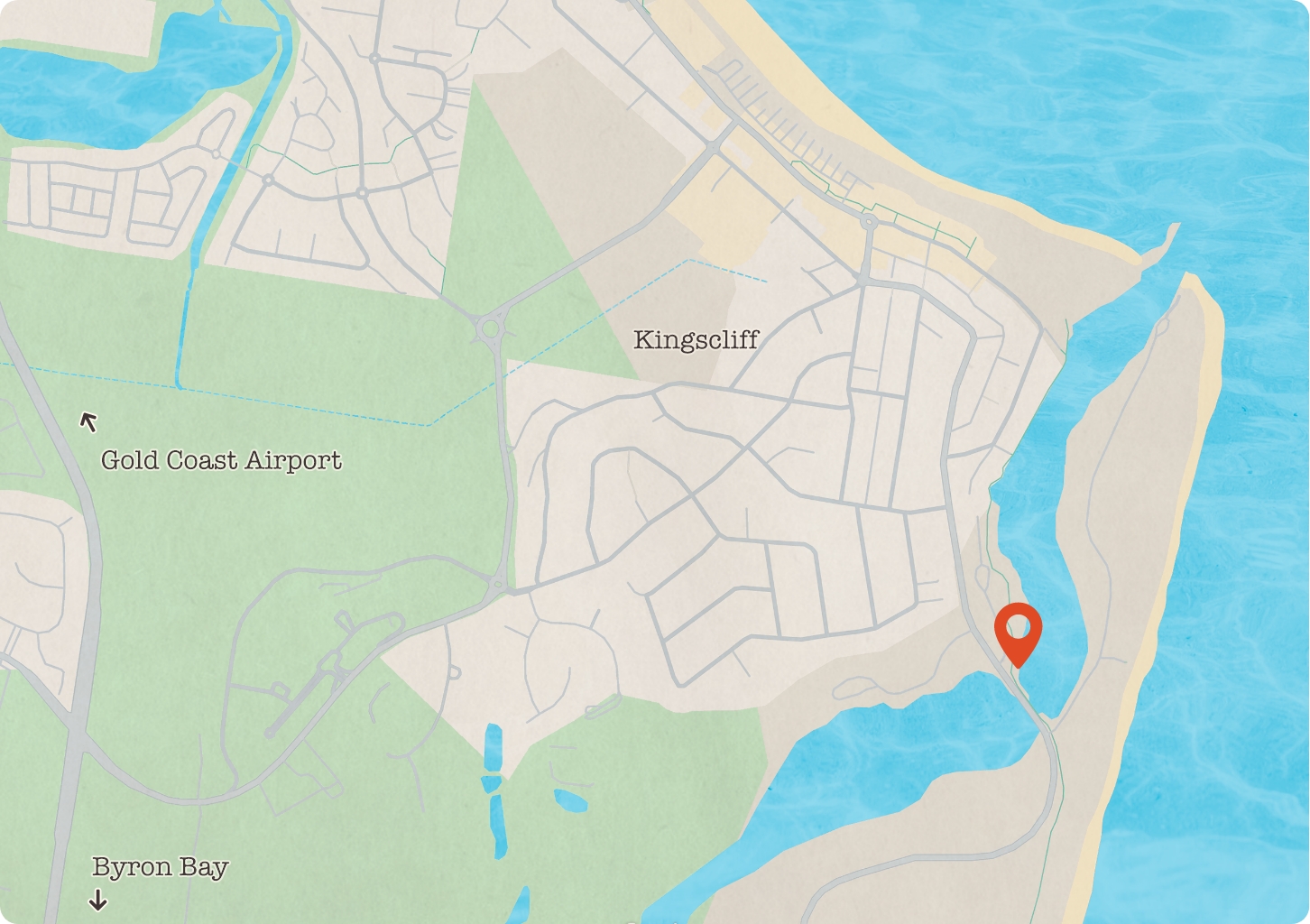 Map of Kingscliff showing the location of a water-based activity hub